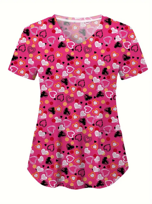 Heart Print Scrubs Top